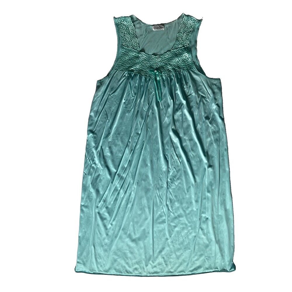VTG 70s Vanity Fair Peignoir Gown Dress Maxi Slip Blue Nylon Lace Coquette USA